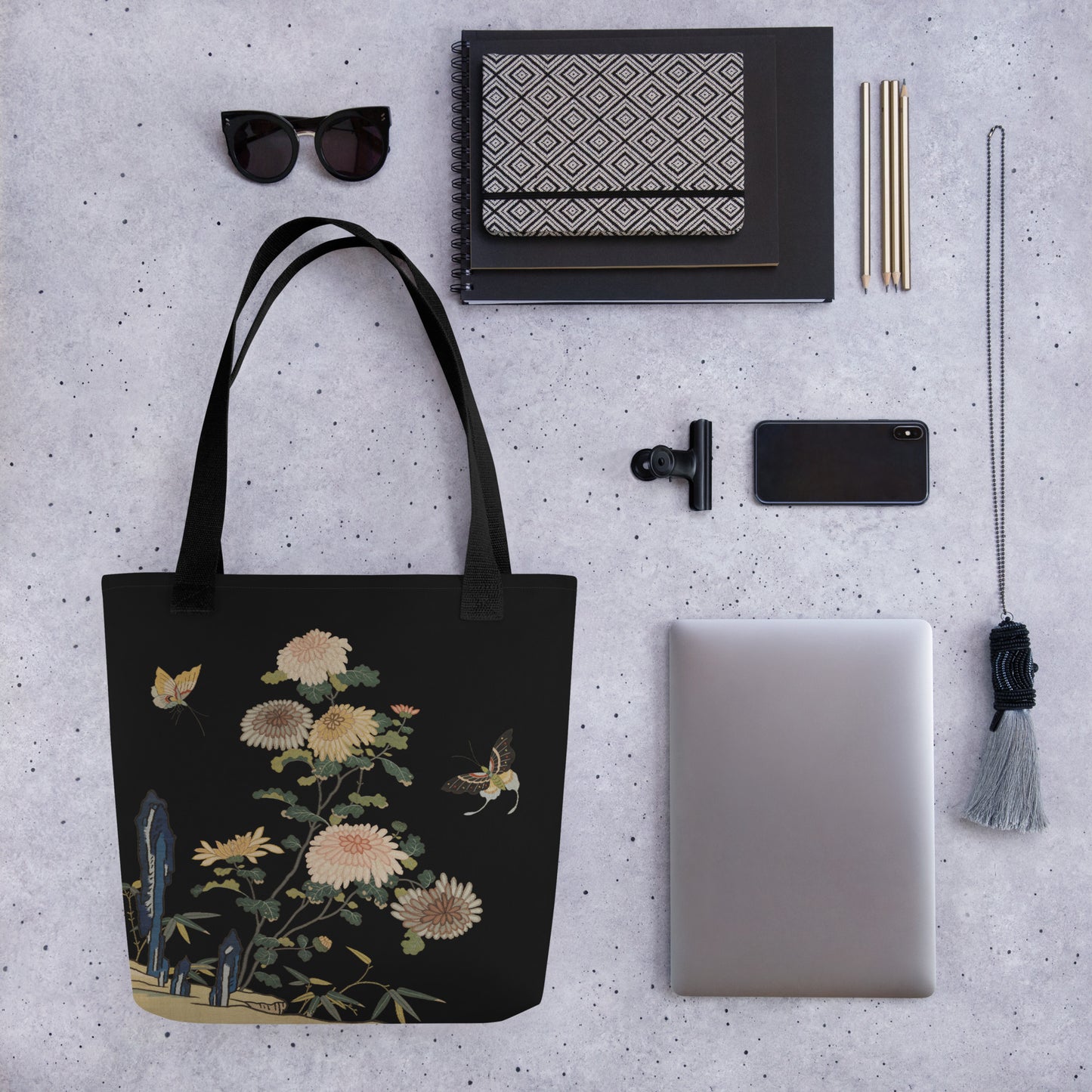 Kesi Flower Album｜Chrysanthemums and Butterflies｜Tote bag｜Black