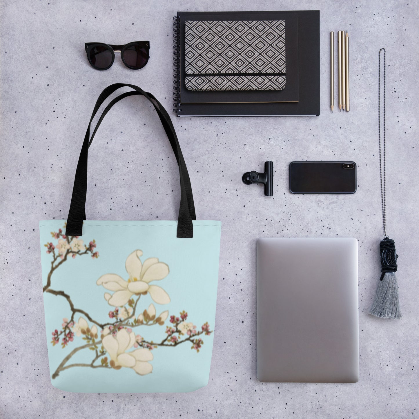 The Spirit of Flowers in Twelve Months｜Apricot and Lily Magnolia in Blossom｜Tote bag｜Aqua blue