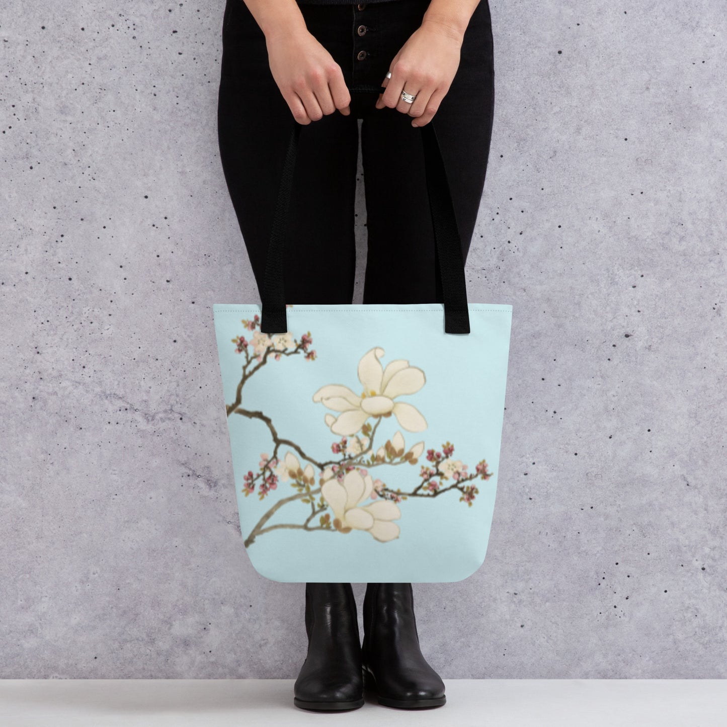 The Spirit of Flowers in Twelve Months｜Apricot and Lily Magnolia in Blossom｜Tote bag｜Aqua blue