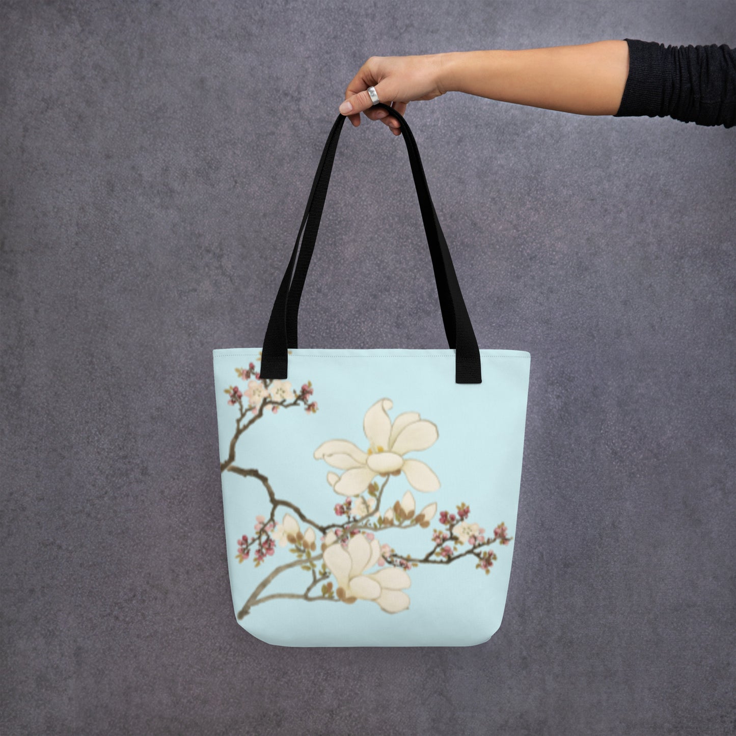 The Spirit of Flowers in Twelve Months｜Apricot and Lily Magnolia in Blossom｜Tote bag｜Aqua blue