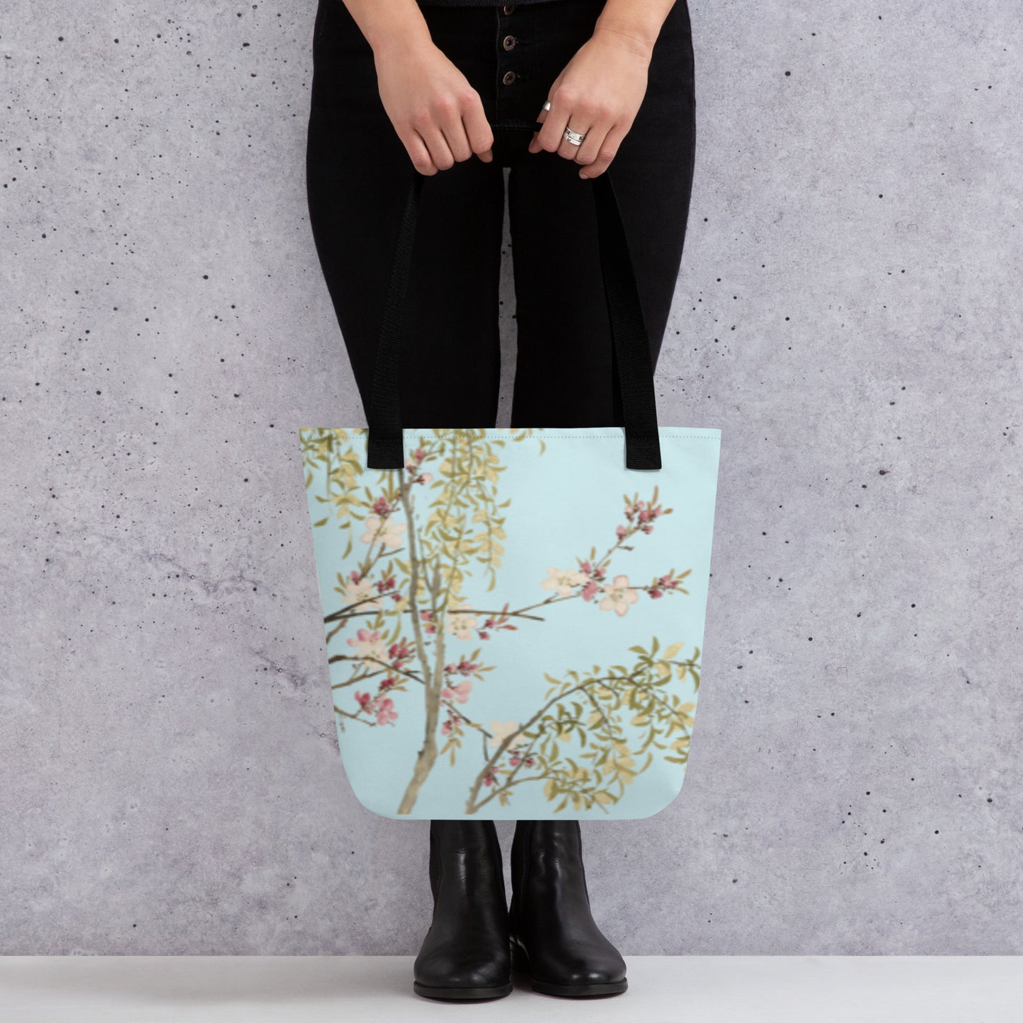 The Spirit of Flowers in Twelve Months｜Willow and Peach Blossom｜Tote bag｜Aqua blue