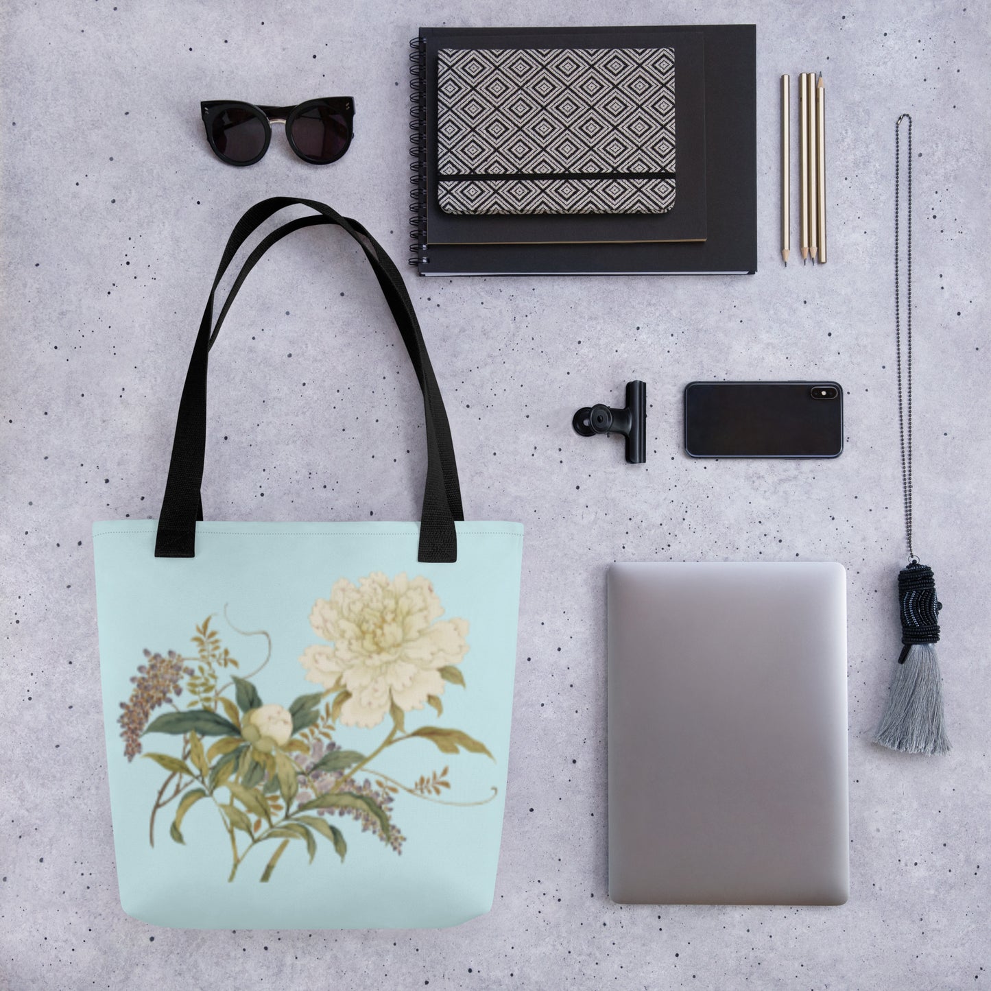 The Spirit of Flowers in Twelve Months｜Chinese Peony and Wisteria in Bloom｜Tote bag｜Aqua blue