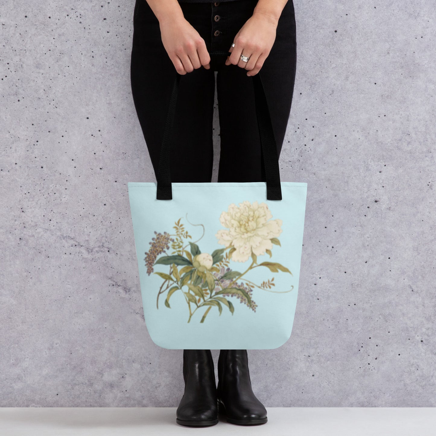 The Spirit of Flowers in Twelve Months｜Chinese Peony and Wisteria in Bloom｜Tote bag｜Aqua blue