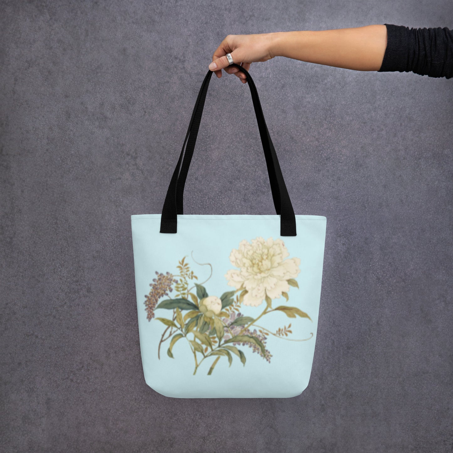 The Spirit of Flowers in Twelve Months｜Chinese Peony and Wisteria in Bloom｜Tote bag｜Aqua blue