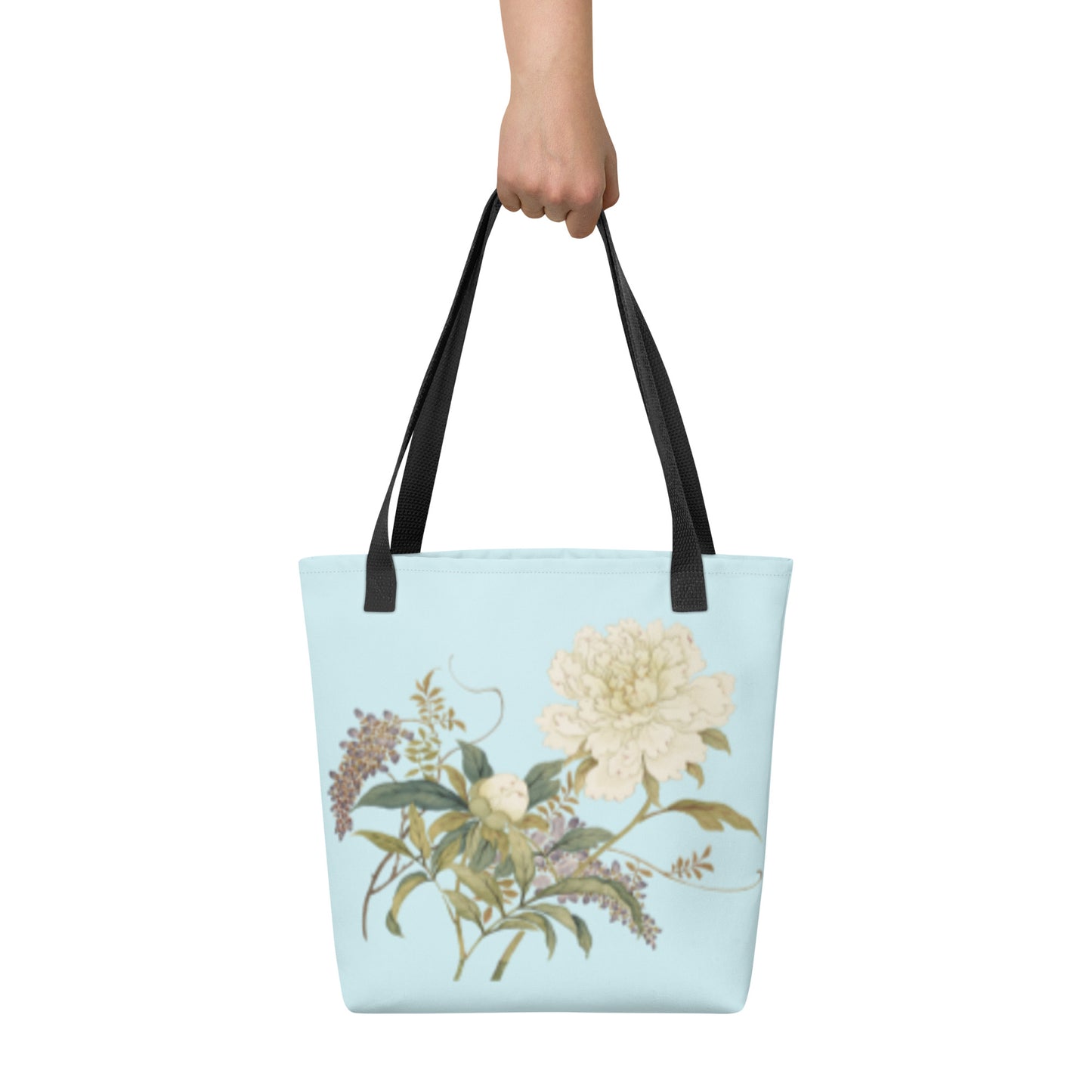 The Spirit of Flowers in Twelve Months｜Chinese Peony and Wisteria in Bloom｜Tote bag｜Aqua blue