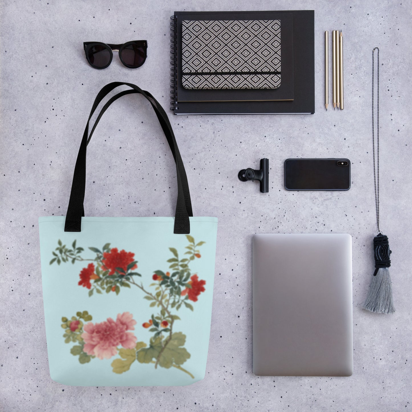 The Spirit of Flowers in Twelve Months｜Hollyhock and Pomegranate in Bloom｜Tote bag｜Aqua blue