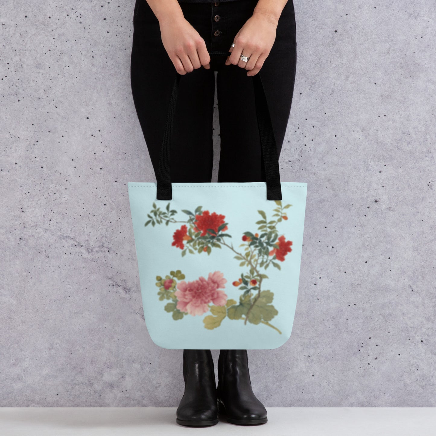 The Spirit of Flowers in Twelve Months｜Hollyhock and Pomegranate in Bloom｜Tote bag｜Aqua blue