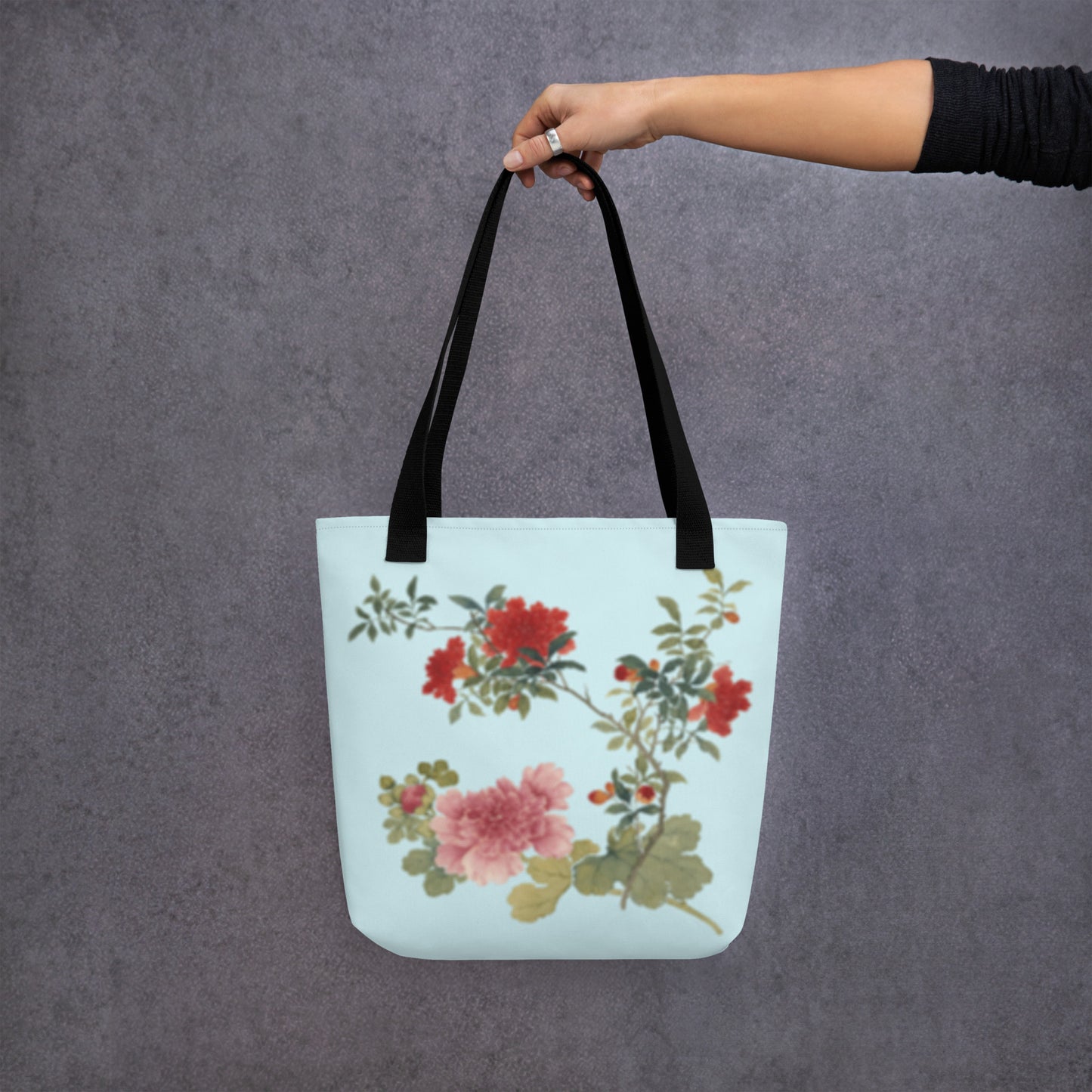 The Spirit of Flowers in Twelve Months｜Hollyhock and Pomegranate in Bloom｜Tote bag｜Aqua blue