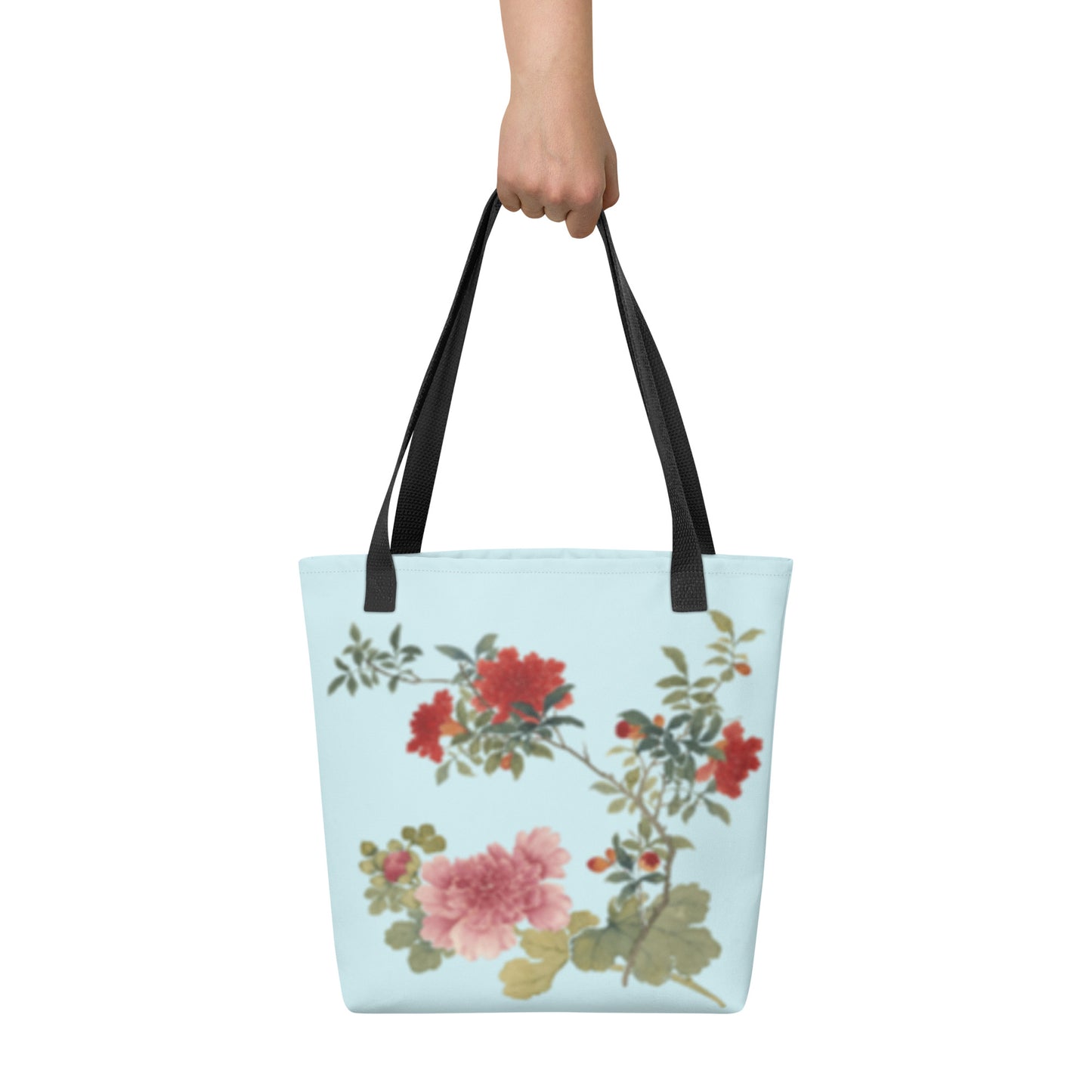 The Spirit of Flowers in Twelve Months｜Hollyhock and Pomegranate in Bloom｜Tote bag｜Aqua blue