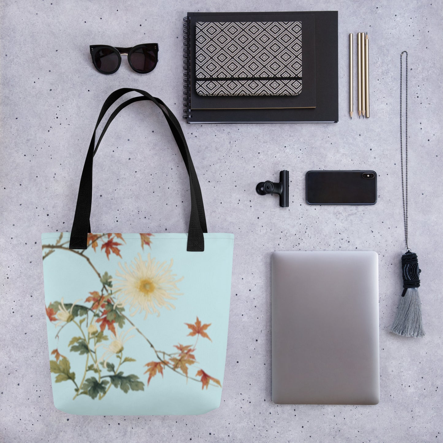 The Spirit of Flowers in Twelve Months｜Blooming Chrysanthemum and Maple Leaves｜Tote bag｜Aqua blue