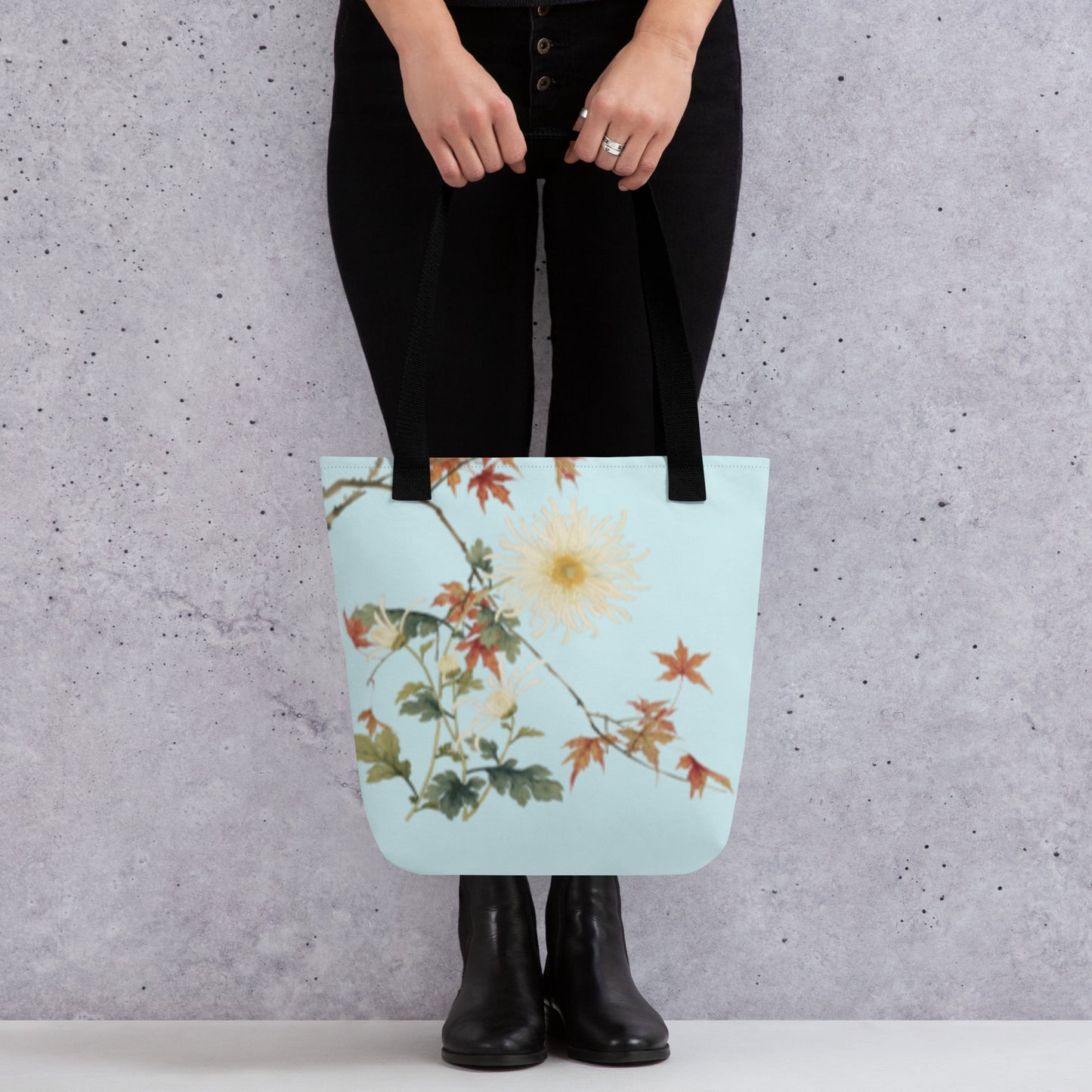 The Spirit of Flowers in Twelve Months｜Blooming Chrysanthemum and Maple Leaves｜Tote bag｜Aqua blue