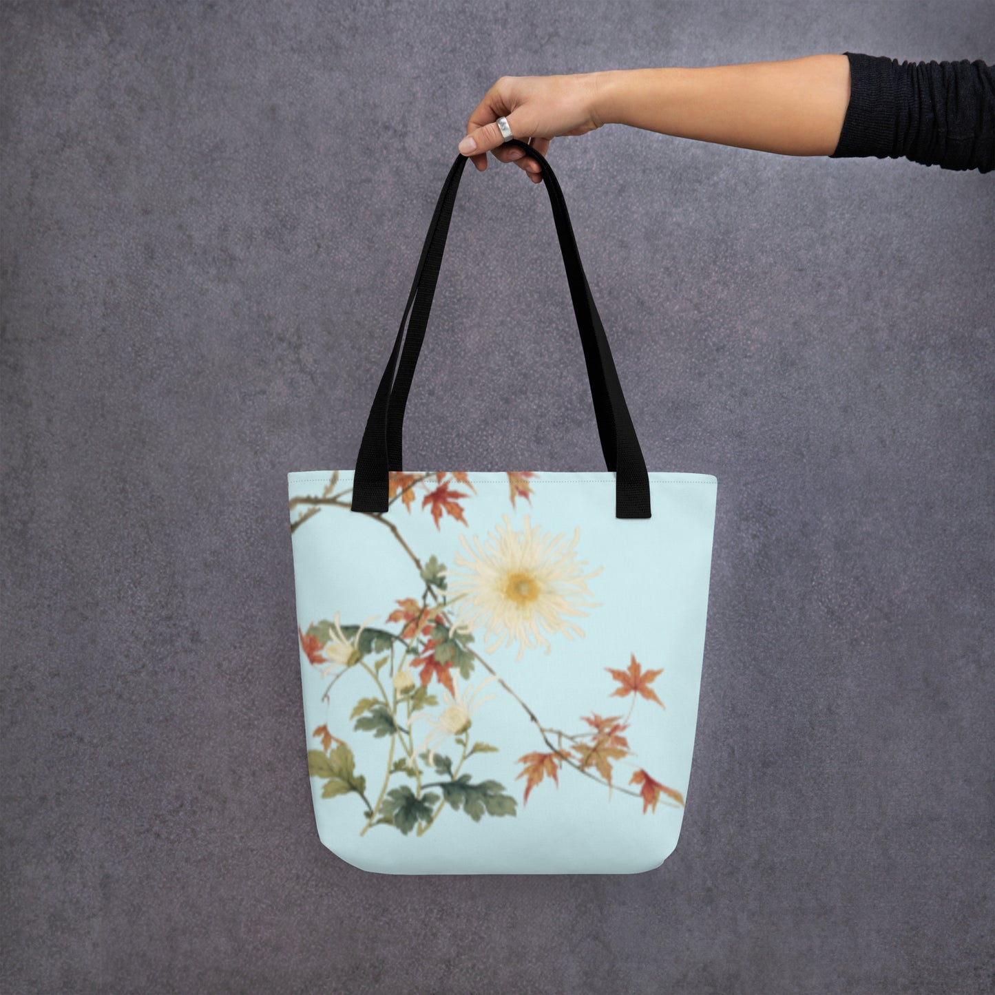 The Spirit of Flowers in Twelve Months｜Blooming Chrysanthemum and Maple Leaves｜Tote bag｜Aqua blue