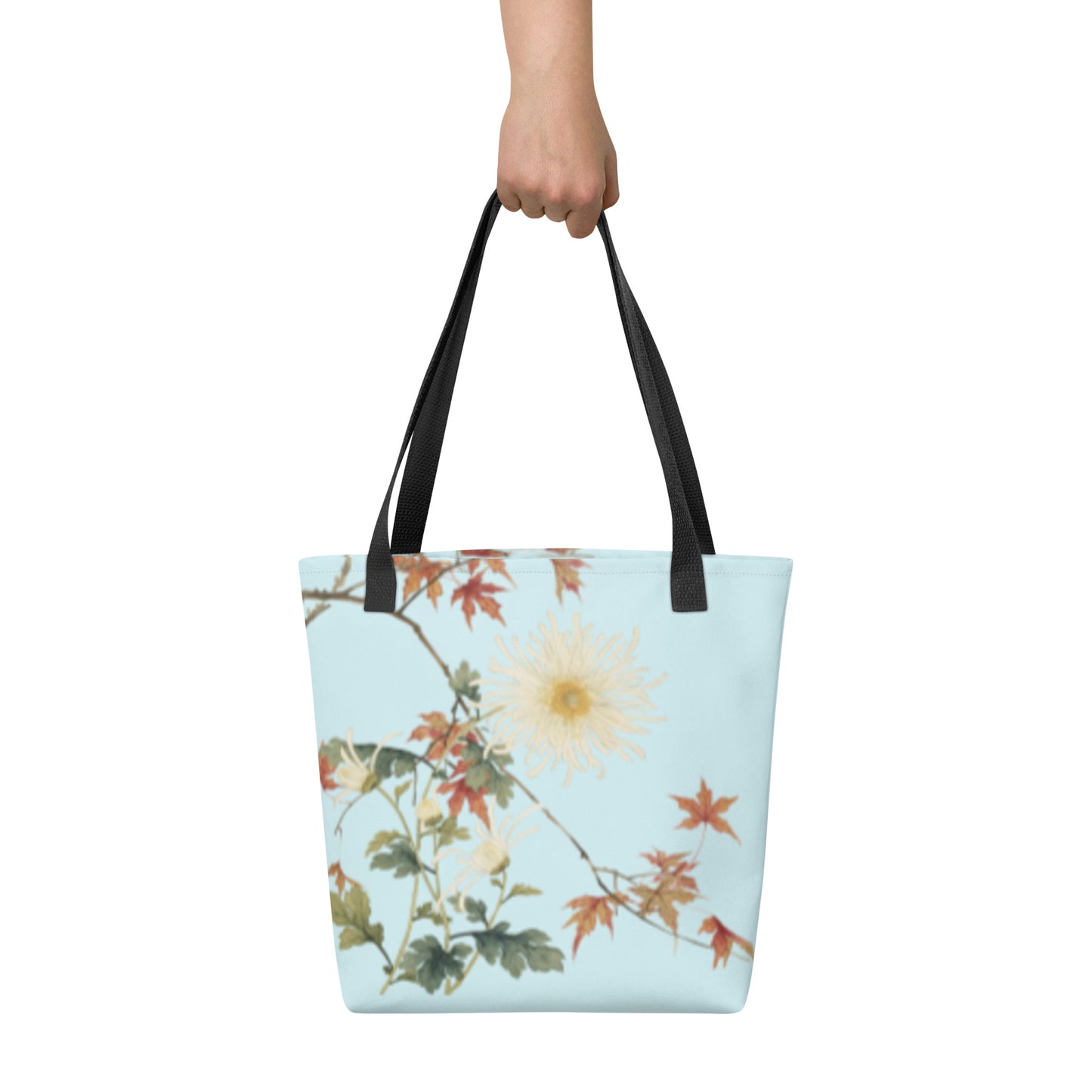 The Spirit of Flowers in Twelve Months｜Blooming Chrysanthemum and Maple Leaves｜Tote bag｜Aqua blue