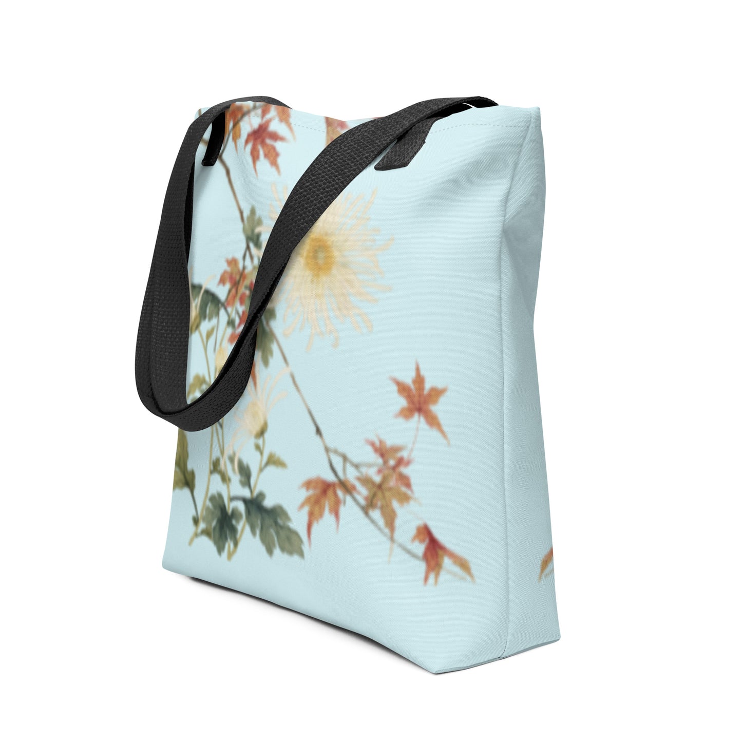 The Spirit of Flowers in Twelve Months｜Blooming Chrysanthemum and Maple Leaves｜Tote bag｜Aqua blue