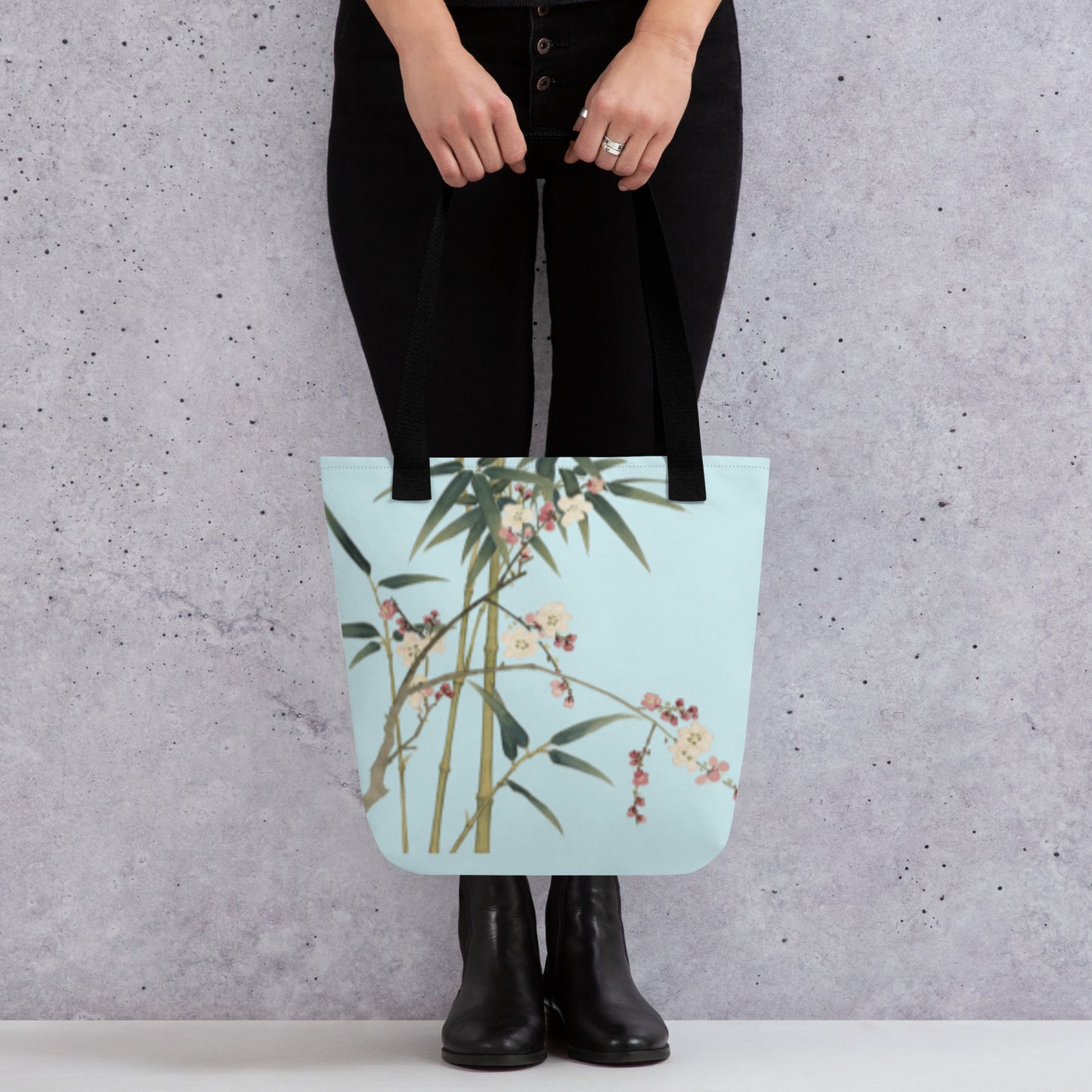 The Spirit of Flowers in Twelve Months｜Crimson Plum Blossom and Lush Green Bamboo｜Tote bag｜Aqua blue