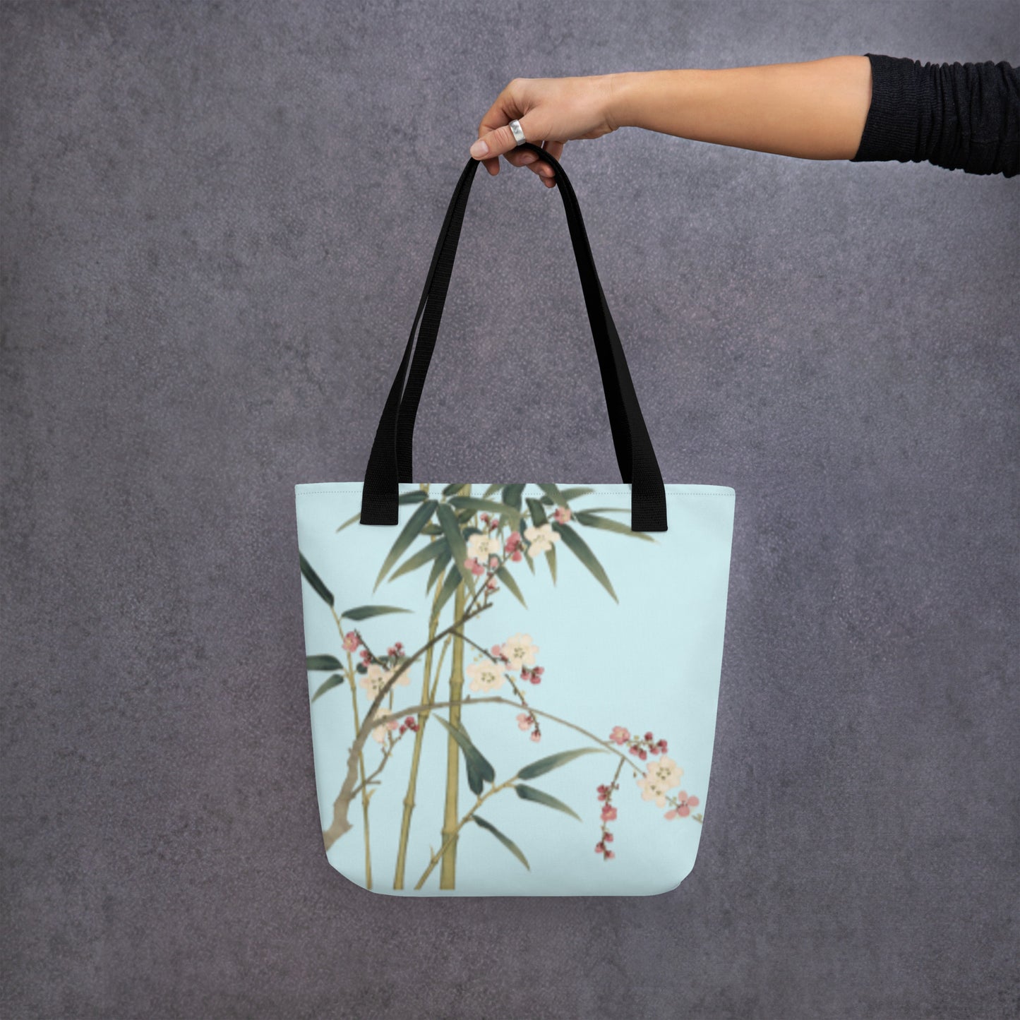 The Spirit of Flowers in Twelve Months｜Crimson Plum Blossom and Lush Green Bamboo｜Tote bag｜Aqua blue