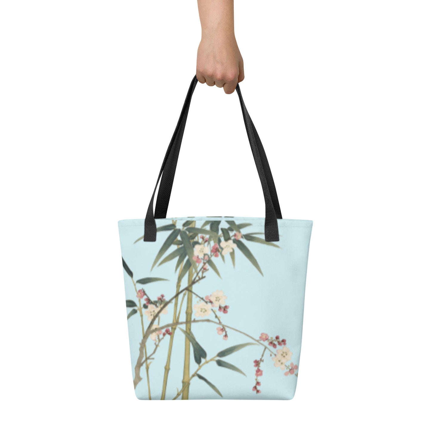 The Spirit of Flowers in Twelve Months｜Crimson Plum Blossom and Lush Green Bamboo｜Tote bag｜Aqua blue