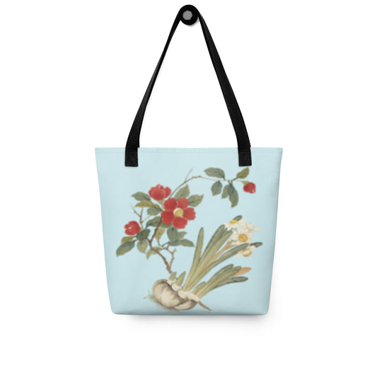 The Spirit of Flowers in Twelve Months｜Narcissus and Camelia in Bloom｜Tote bag｜Aqua blue