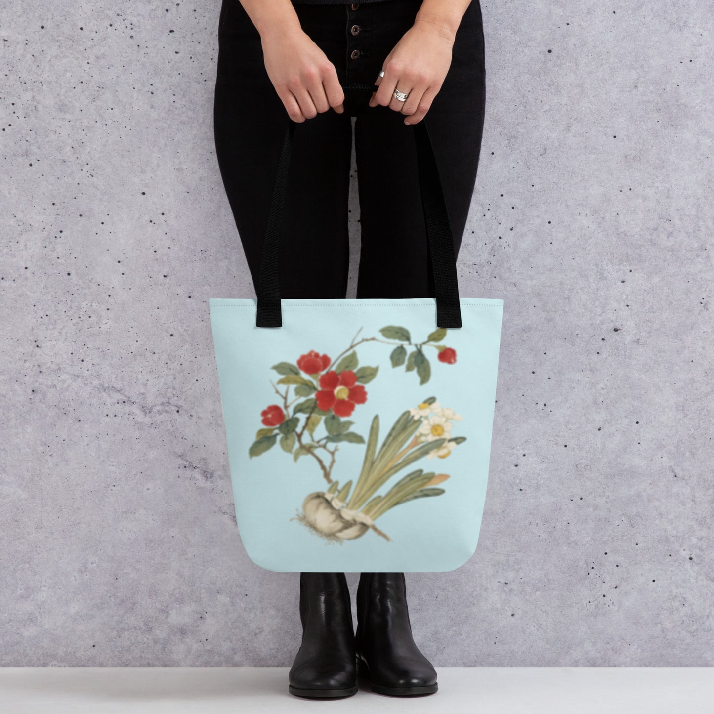 The Spirit of Flowers in Twelve Months｜Narcissus and Camelia in Bloom｜Tote bag｜Aqua blue