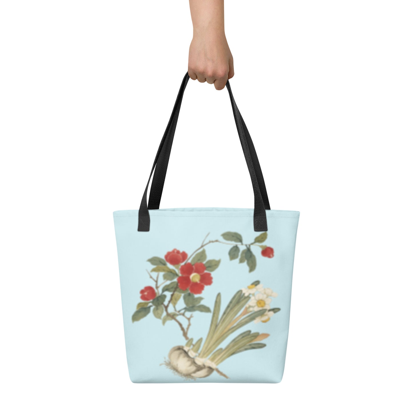 The Spirit of Flowers in Twelve Months｜Narcissus and Camelia in Bloom｜Tote bag｜Aqua blue