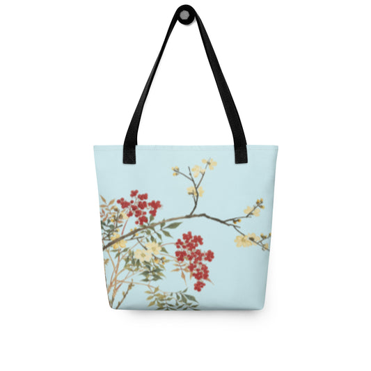 The Spirit of Flowers in Twelve Months｜Blooming Wintersweet and Heavenly Bamboo｜Tote bag｜Aqua blue