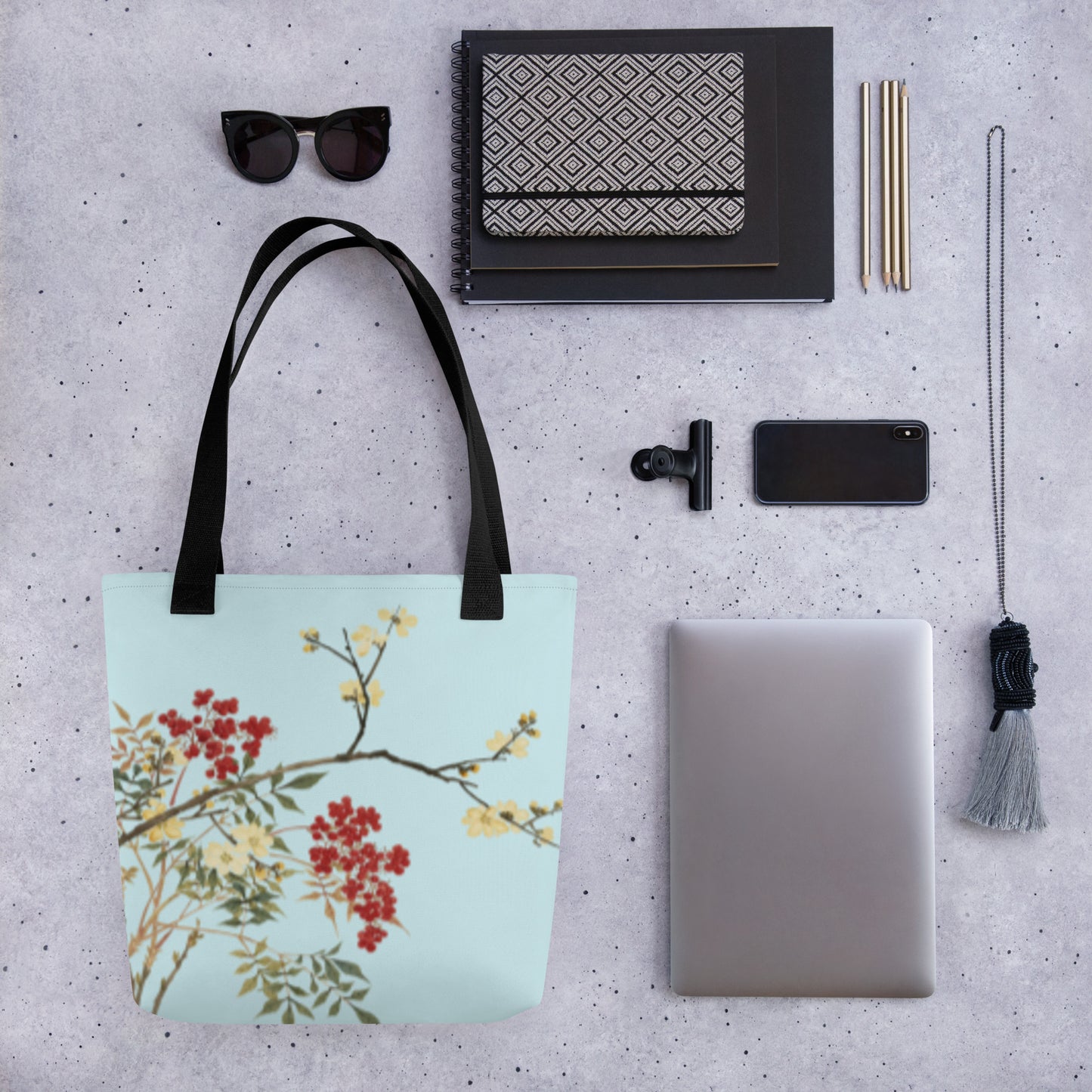 The Spirit of Flowers in Twelve Months｜Blooming Wintersweet and Heavenly Bamboo｜Tote bag｜Aqua blue