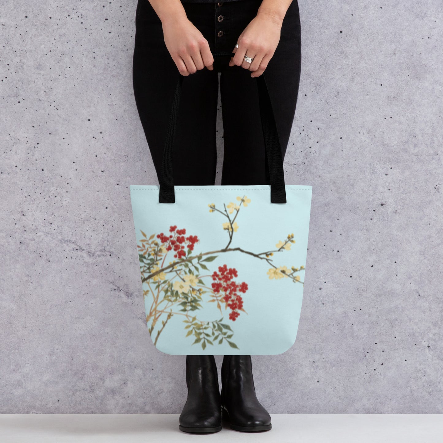 The Spirit of Flowers in Twelve Months｜Blooming Wintersweet and Heavenly Bamboo｜Tote bag｜Aqua blue