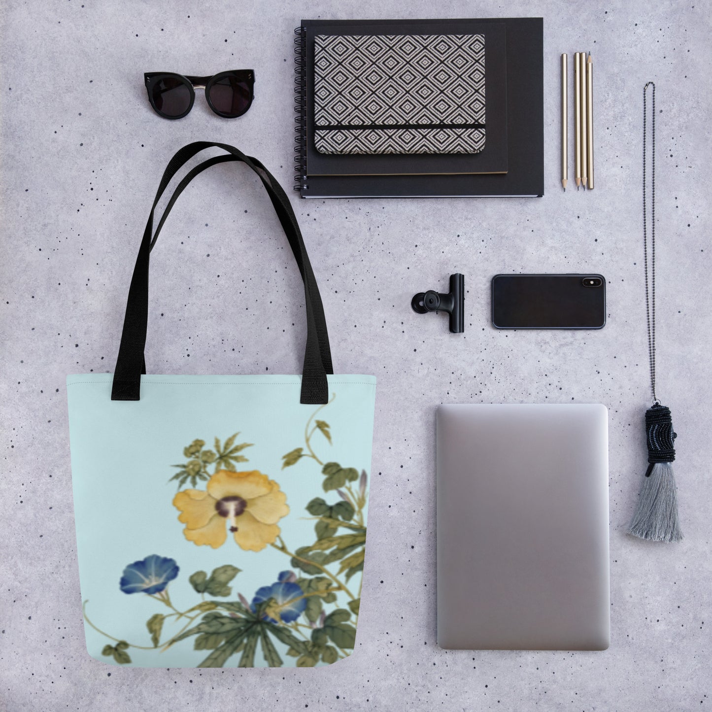 The Spirit of Flowers in Twelve Months｜Okra and White-edged Morning Glory in Bloom｜Tote bag｜Aqua blue