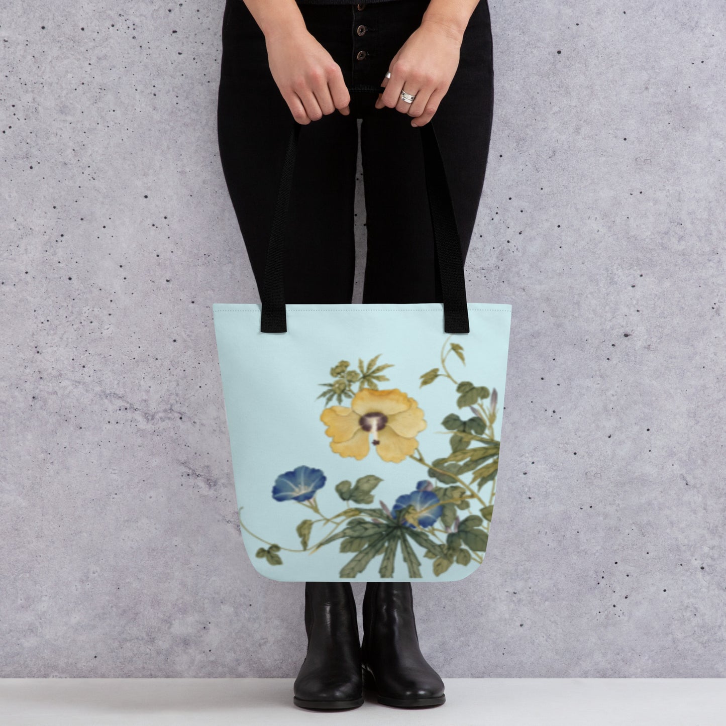 The Spirit of Flowers in Twelve Months｜Okra and White-edged Morning Glory in Bloom｜Tote bag｜Aqua blue