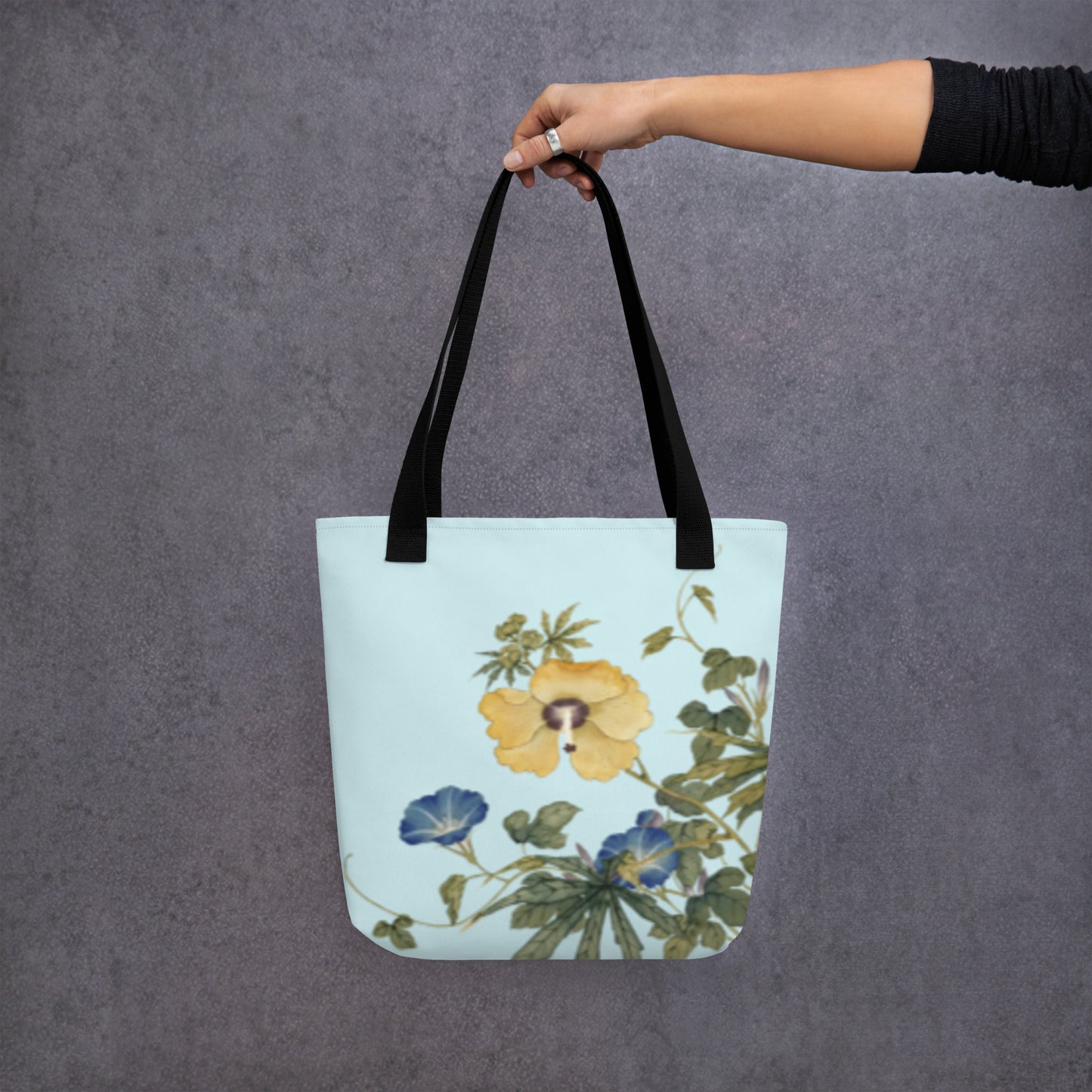 The Spirit of Flowers in Twelve Months｜Okra and White-edged Morning Glory in Bloom｜Tote bag｜Aqua blue