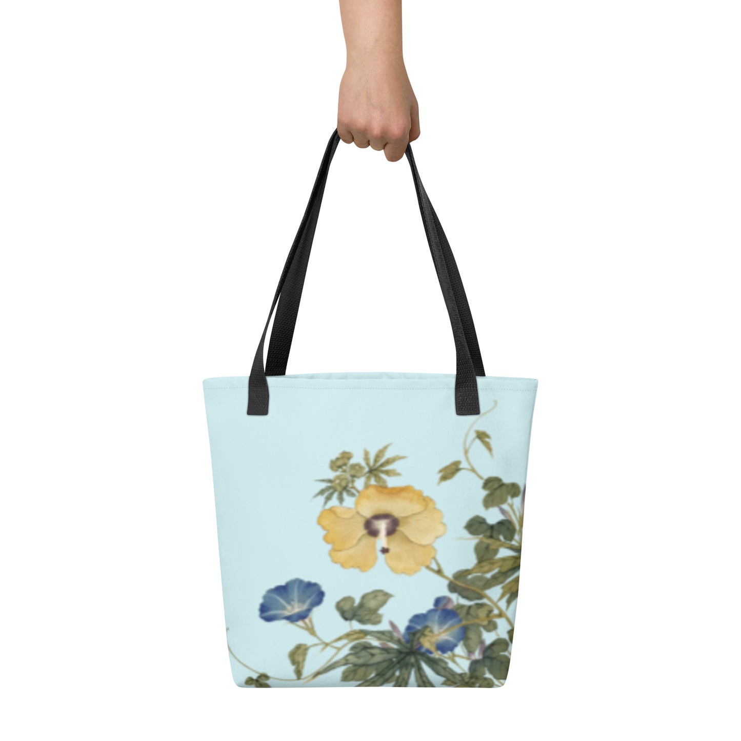 The Spirit of Flowers in Twelve Months｜Okra and White-edged Morning Glory in Bloom｜Tote bag｜Aqua blue