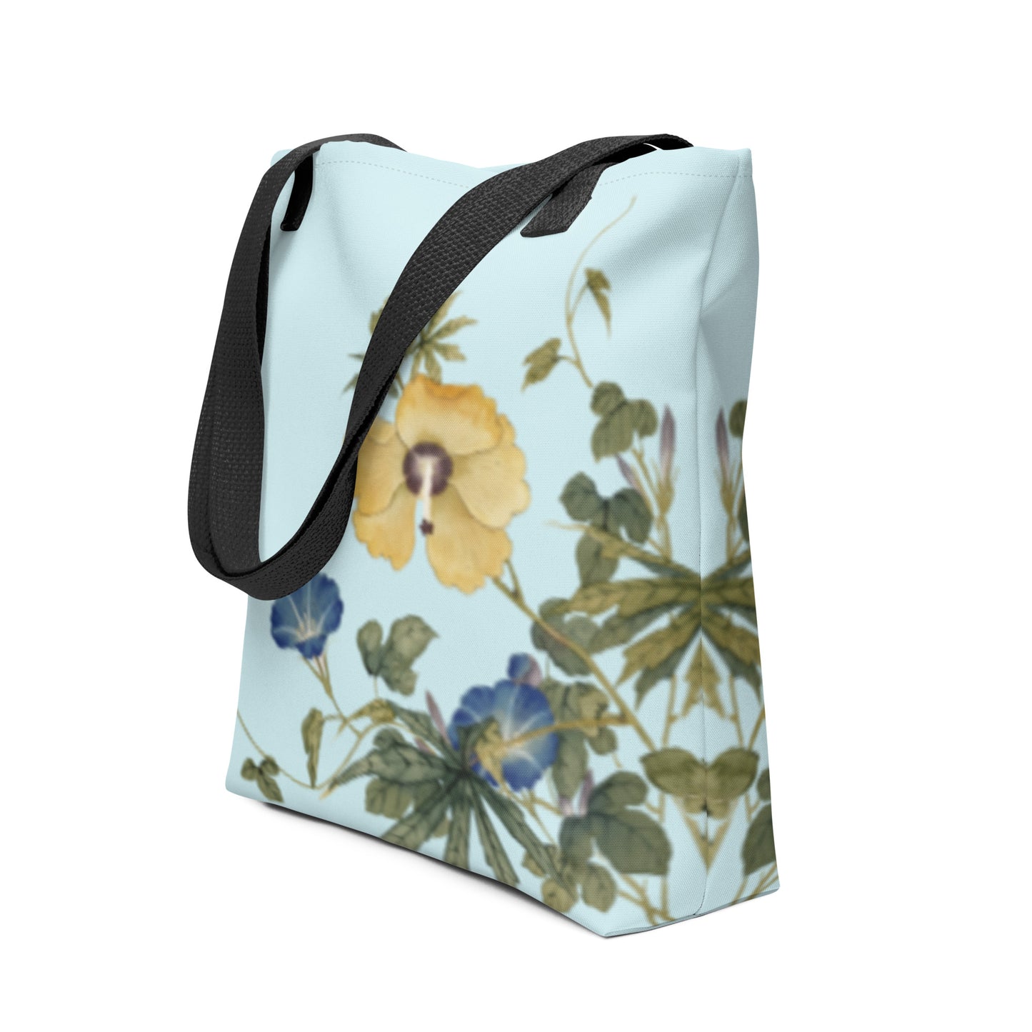 The Spirit of Flowers in Twelve Months｜Okra and White-edged Morning Glory in Bloom｜Tote bag｜Aqua blue