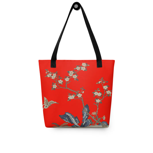 Kesi Flower Album｜White Plum Blossoms and Butterfly｜Tote bag｜Garnet red