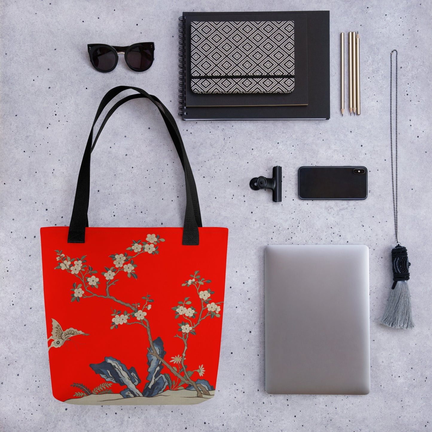 Kesi Flower Album｜White Plum Blossoms and Butterfly｜Tote bag｜Garnet red