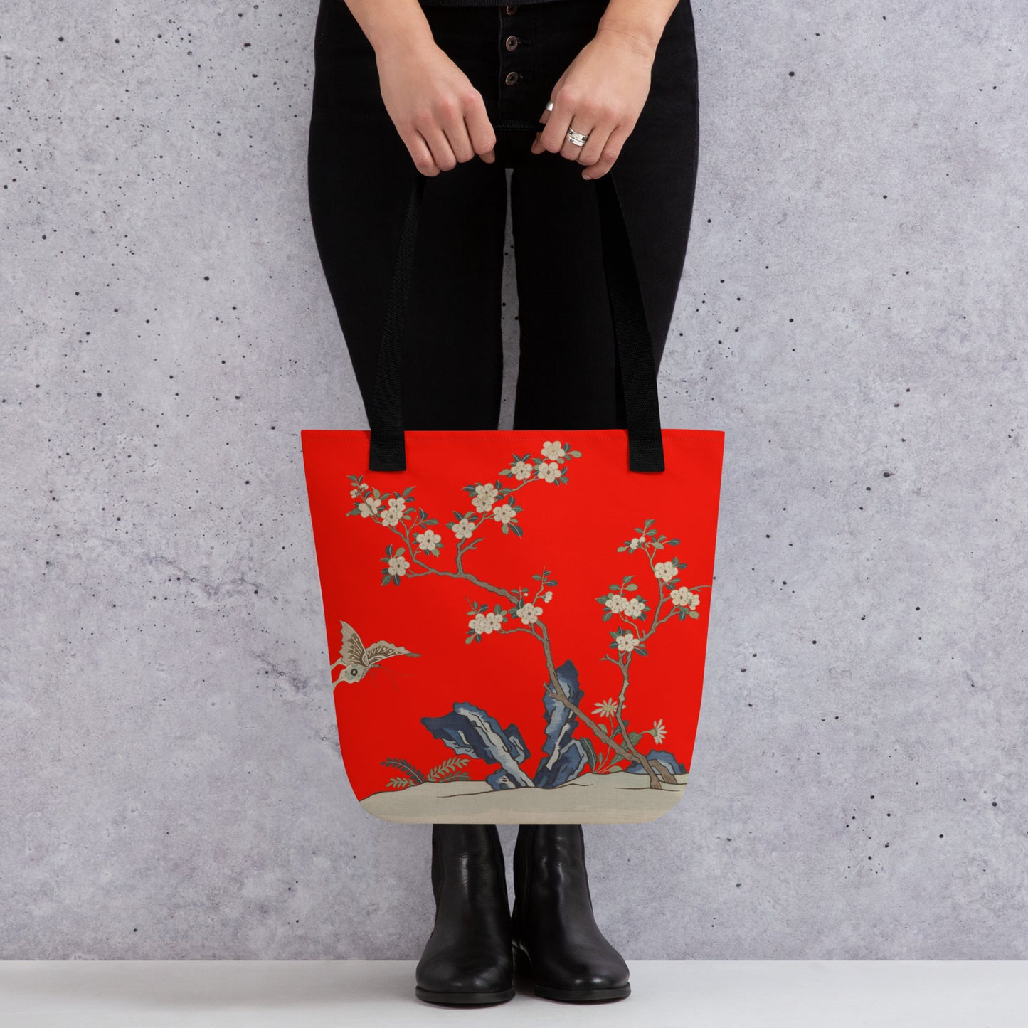 Kesi Flower Album｜White Plum Blossoms and Butterfly｜Tote bag｜Garnet red