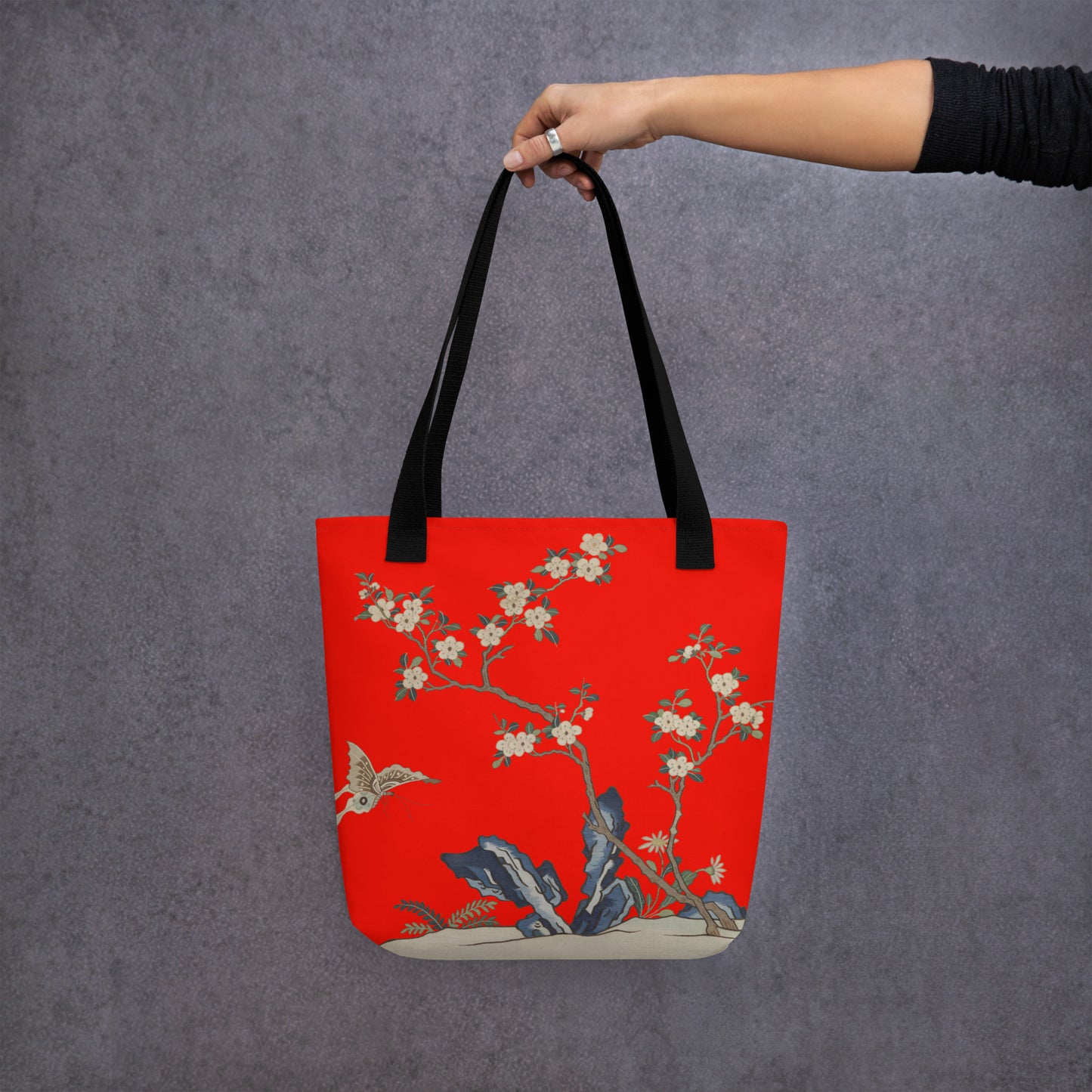 Kesi Flower Album｜White Plum Blossoms and Butterfly｜Tote bag｜Garnet red