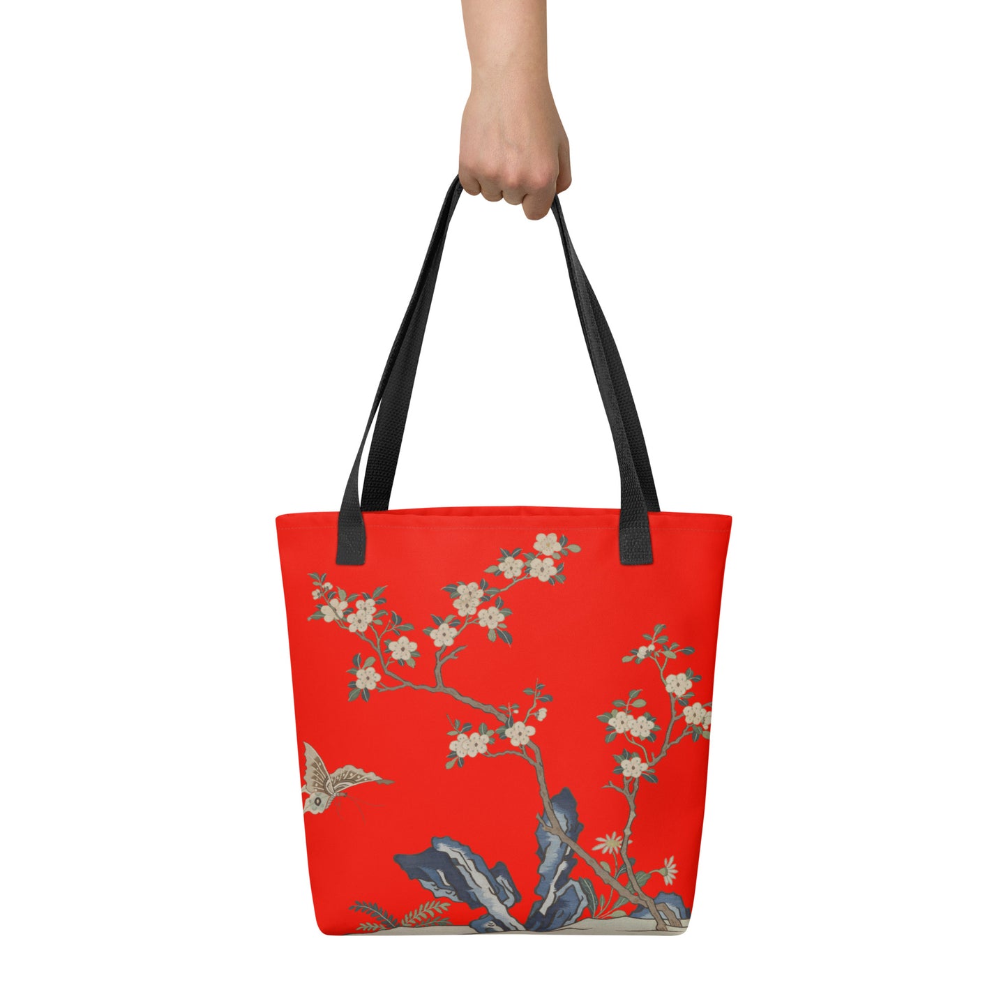 Kesi Flower Album｜White Plum Blossoms and Butterfly｜Tote bag｜Garnet red