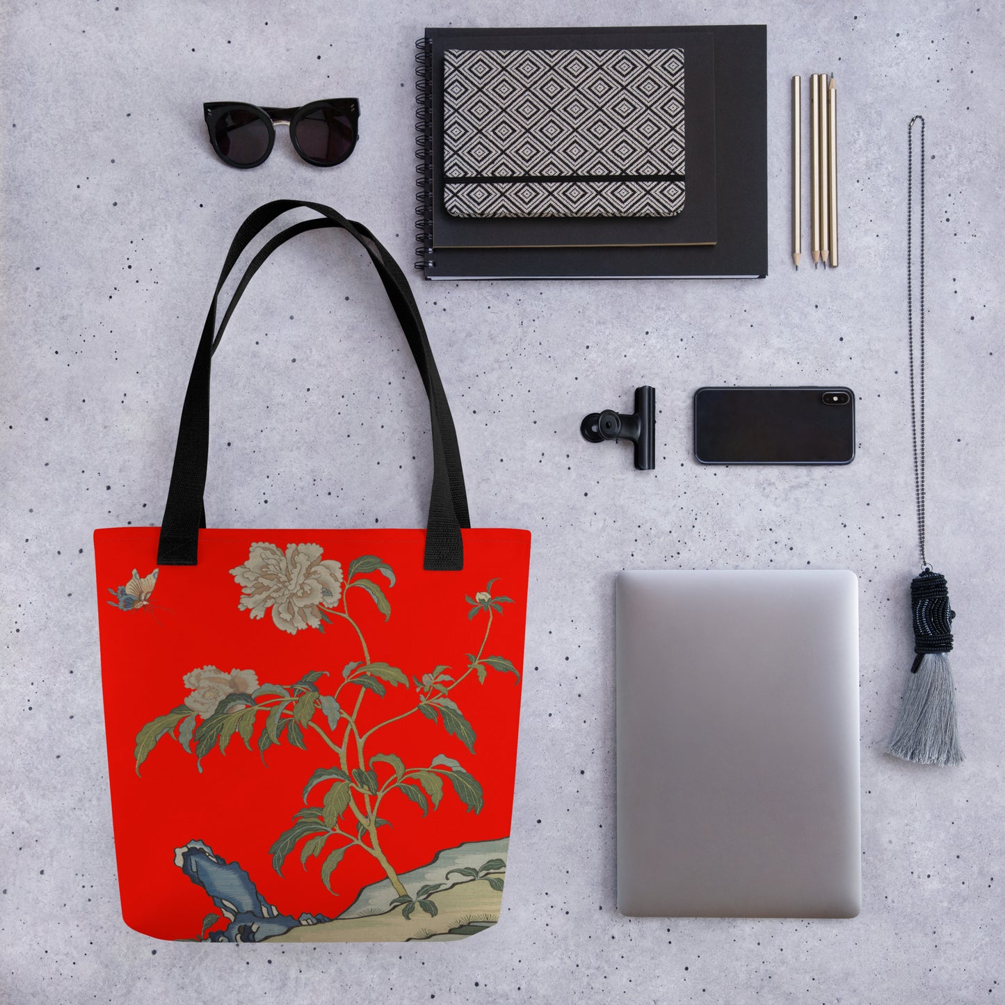 Kesi Flower Album｜Peonies and Butterfly｜Tote bag｜Garnet red