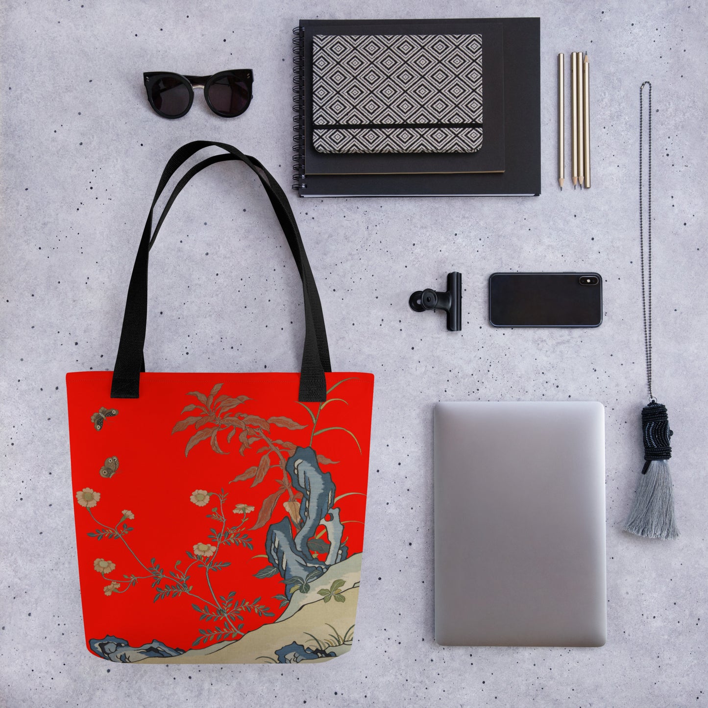 Kesi Flower Album｜Butterflies and Flowers｜Tote bag｜Garnet red