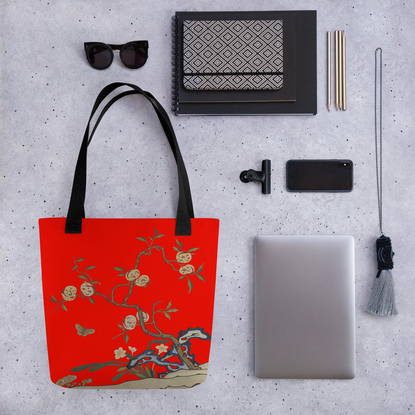 Kesi Flower Album｜Narcissus and Peaches｜Tote bag｜Garnet red