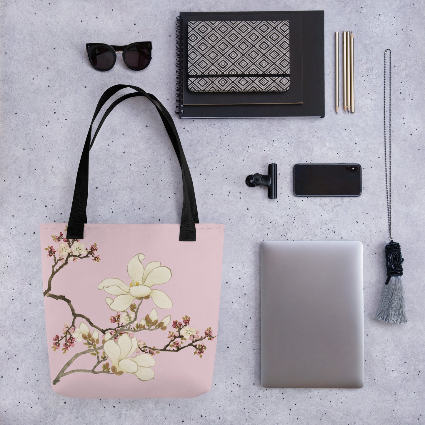 The Spirit of Flowers in Twelve Months｜Apricot and Lily Magnolia in Blossom｜Tote bag｜Pale pinkish gray