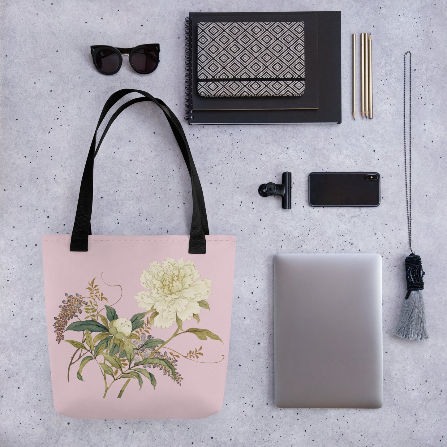 The Spirit of Flowers in Twelve Months｜Chinese Peony and Wisteria in Bloom｜Tote bag｜Pale pinkish gray