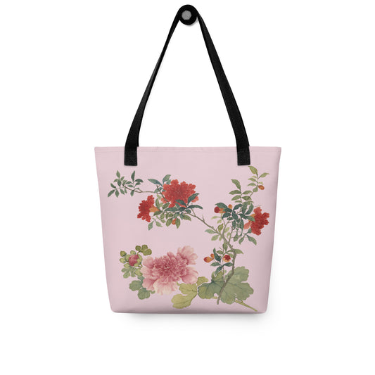 The Spirit of Flowers in Twelve Months｜Hollyhock and Pomegranate in Bloom｜Tote bag｜Pale pinkish gray