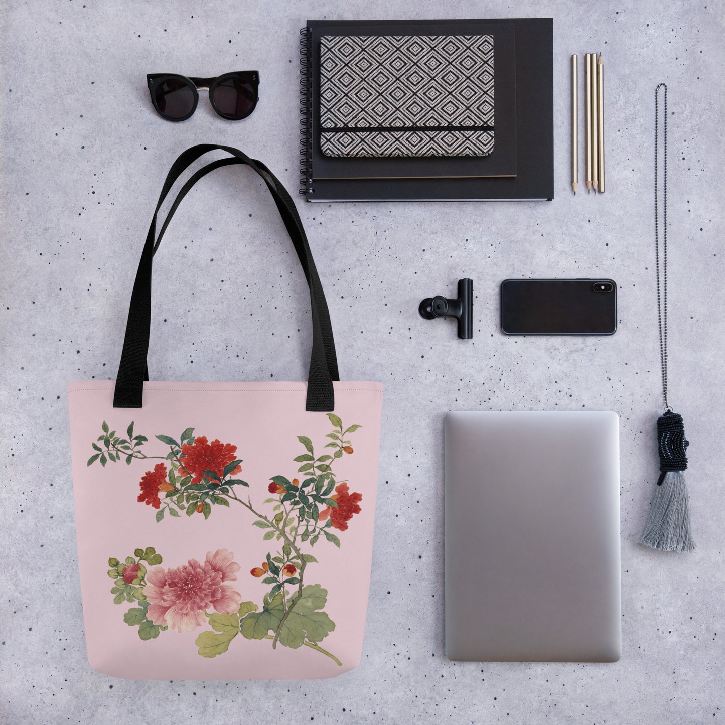 The Spirit of Flowers in Twelve Months｜Hollyhock and Pomegranate in Bloom｜Tote bag｜Pale pinkish gray