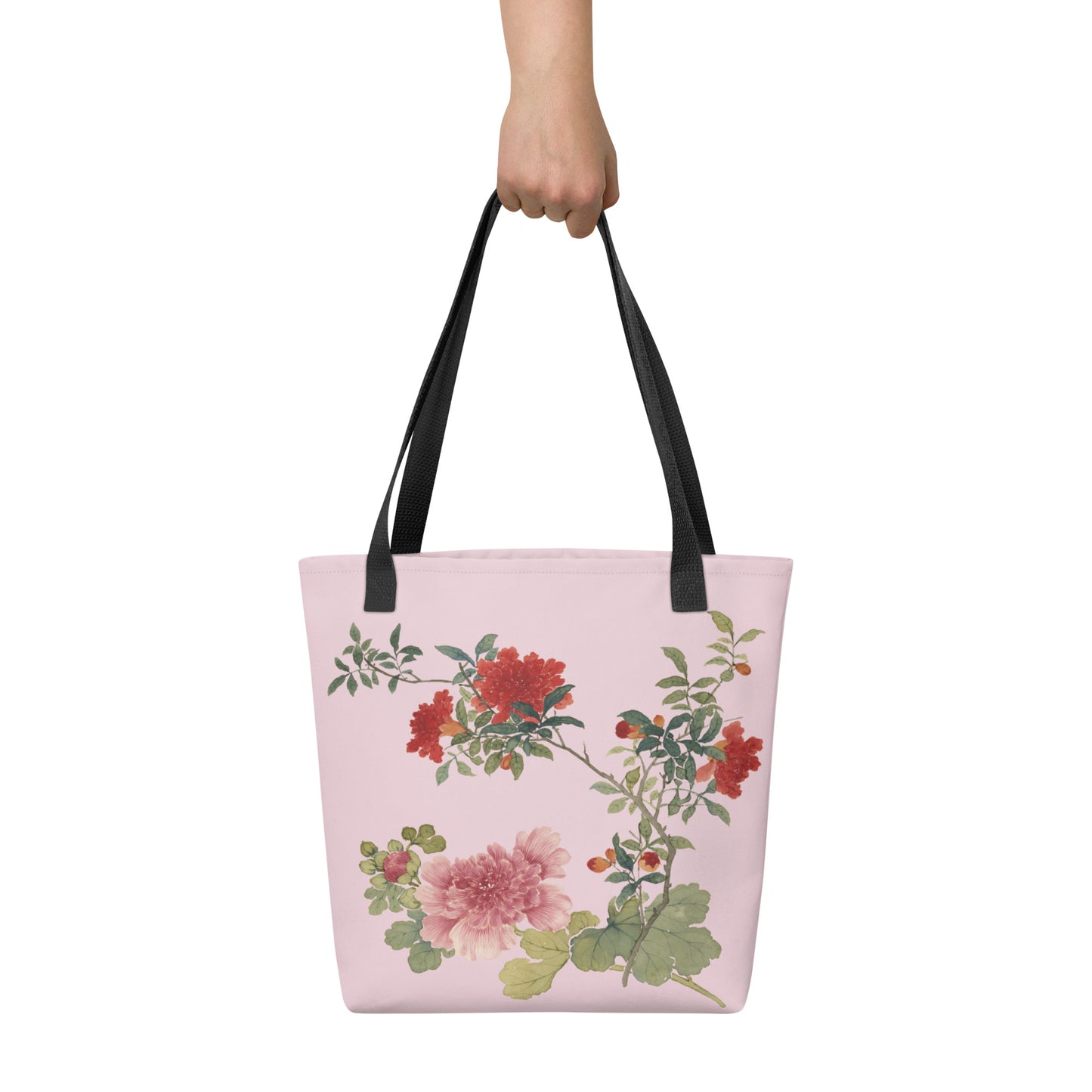 The Spirit of Flowers in Twelve Months｜Hollyhock and Pomegranate in Bloom｜Tote bag｜Pale pinkish gray