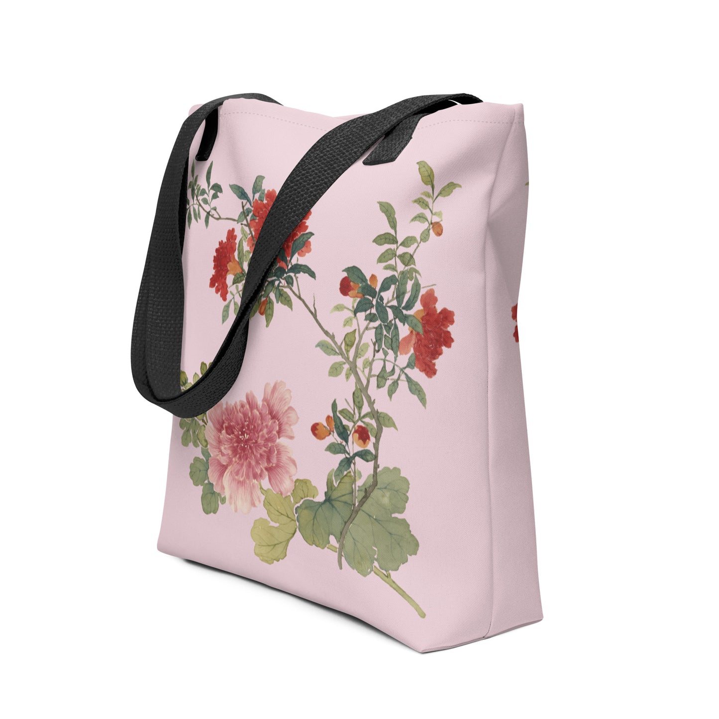 The Spirit of Flowers in Twelve Months｜Hollyhock and Pomegranate in Bloom｜Tote bag｜Pale pinkish gray