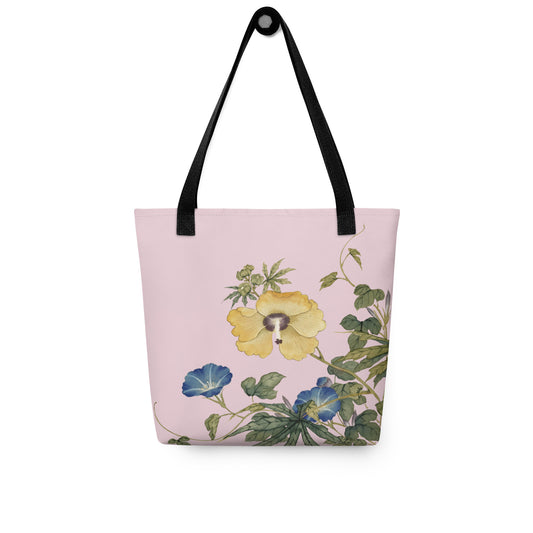 The Spirit of Flowers in Twelve Months｜Okra and White-edged Morning Glory in Bloom｜Tote bag｜Pale pinkish gray