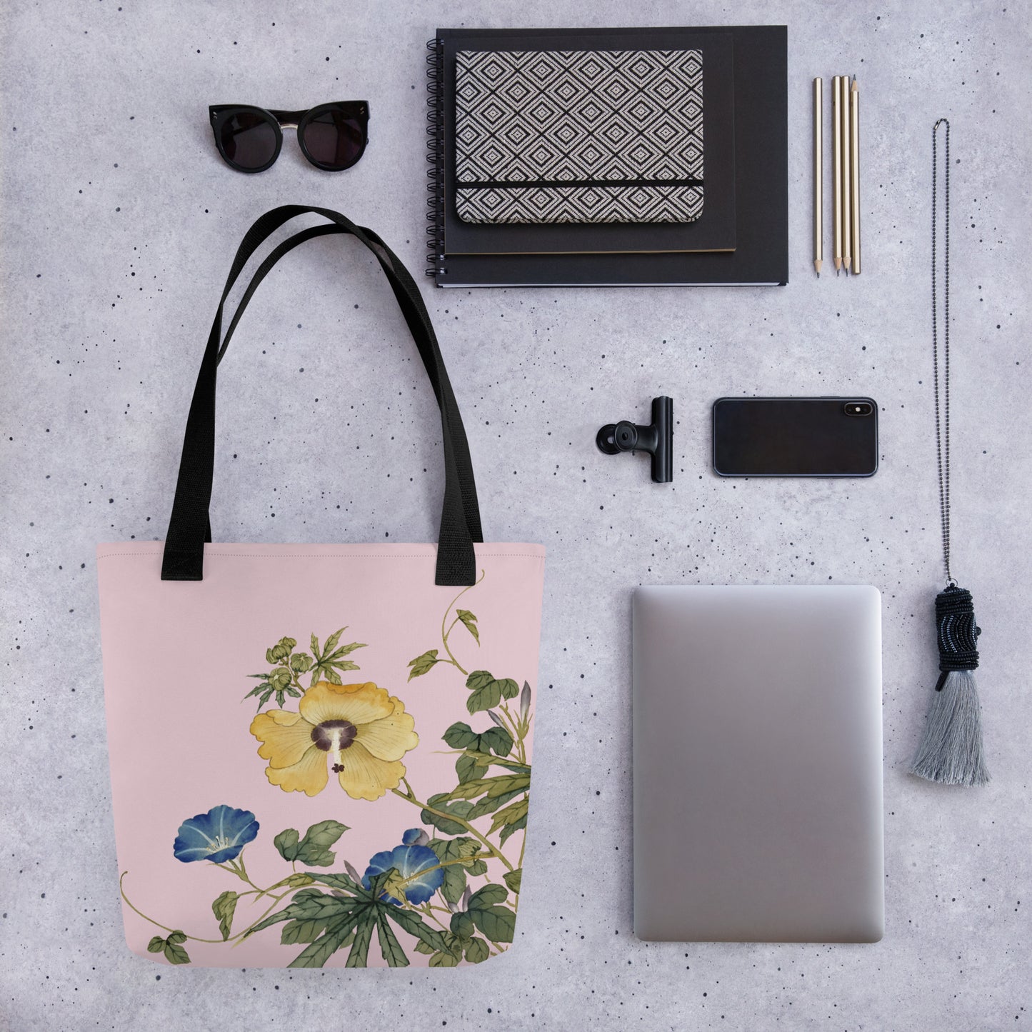 The Spirit of Flowers in Twelve Months｜Okra and White-edged Morning Glory in Bloom｜Tote bag｜Pale pinkish gray