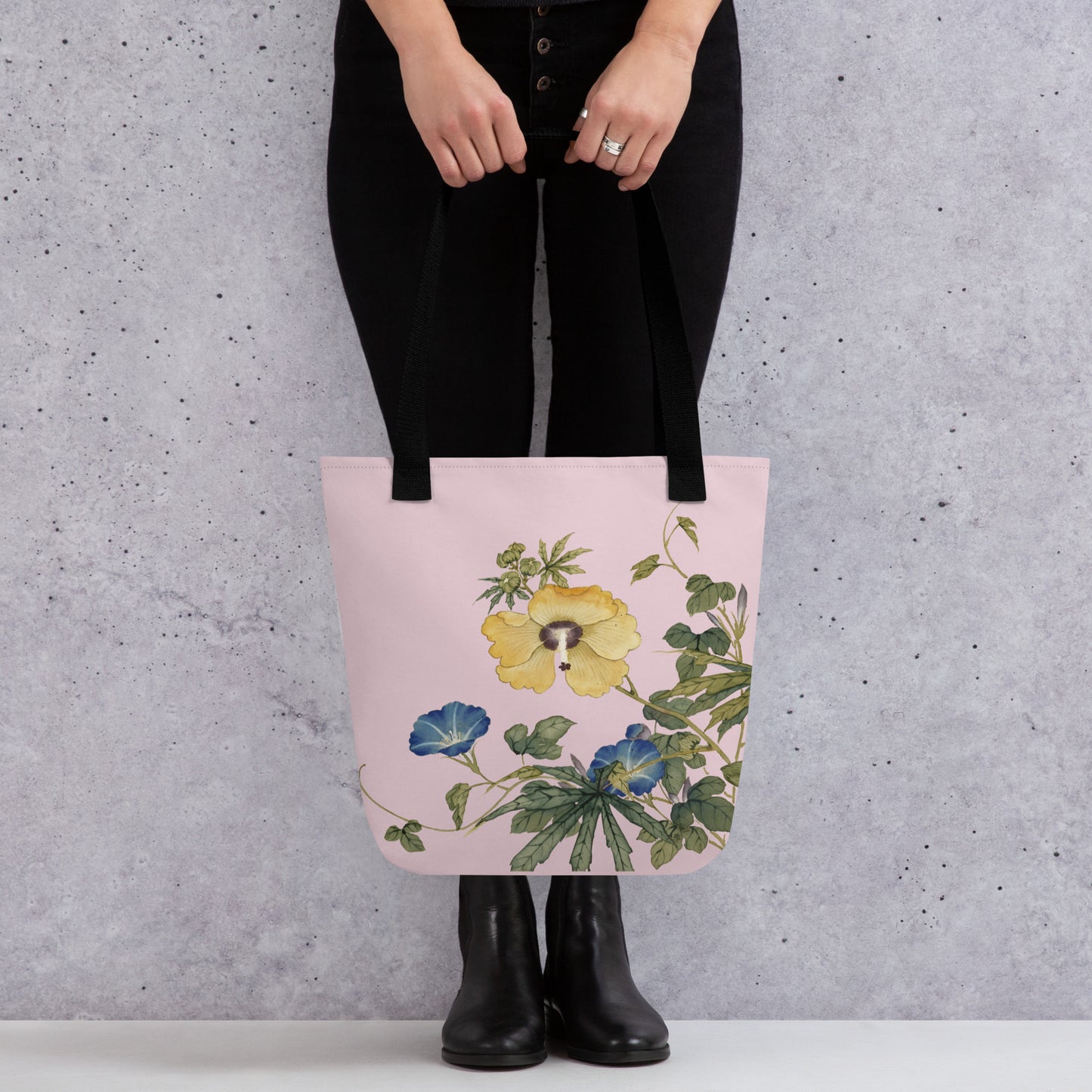 The Spirit of Flowers in Twelve Months｜Okra and White-edged Morning Glory in Bloom｜Tote bag｜Pale pinkish gray