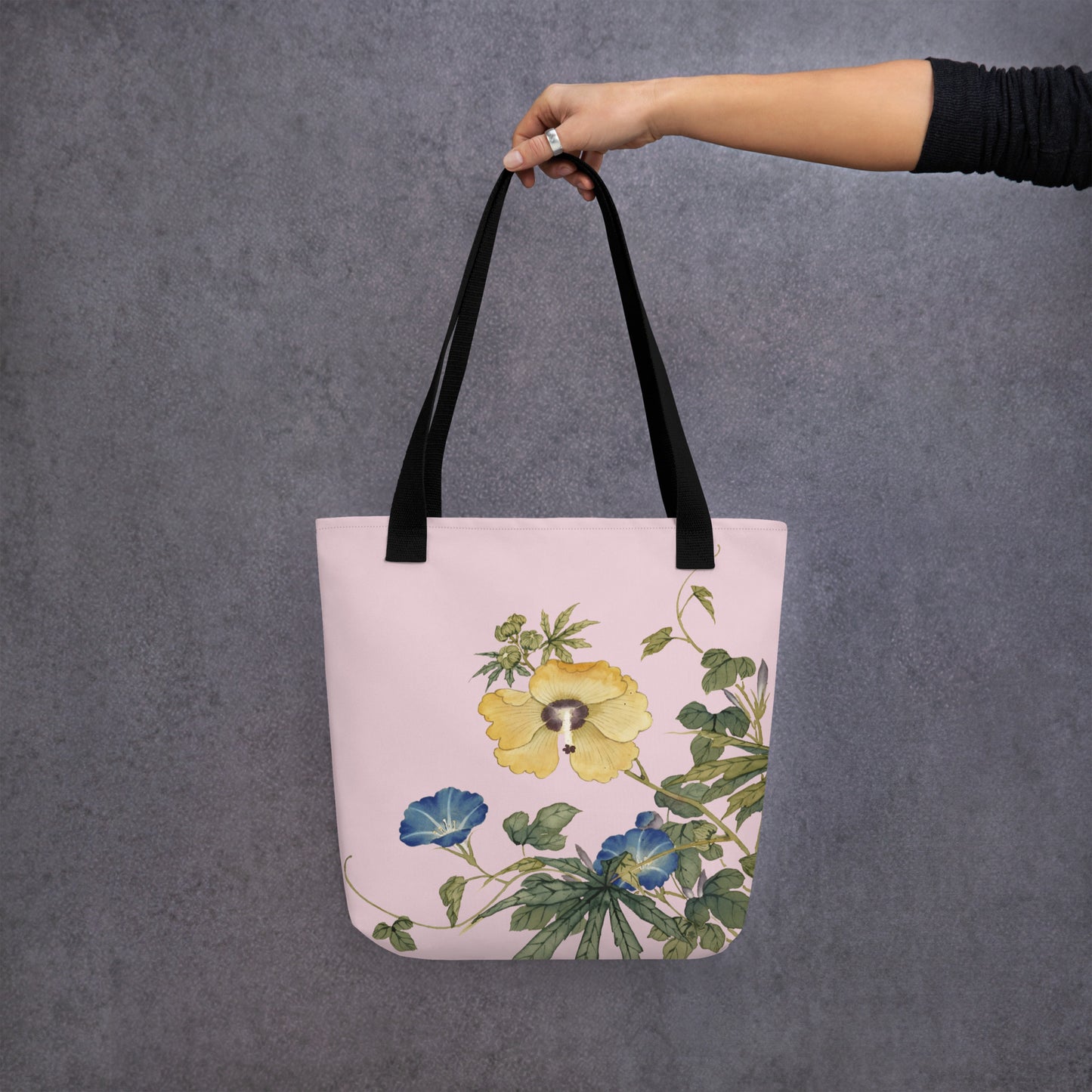 The Spirit of Flowers in Twelve Months｜Okra and White-edged Morning Glory in Bloom｜Tote bag｜Pale pinkish gray